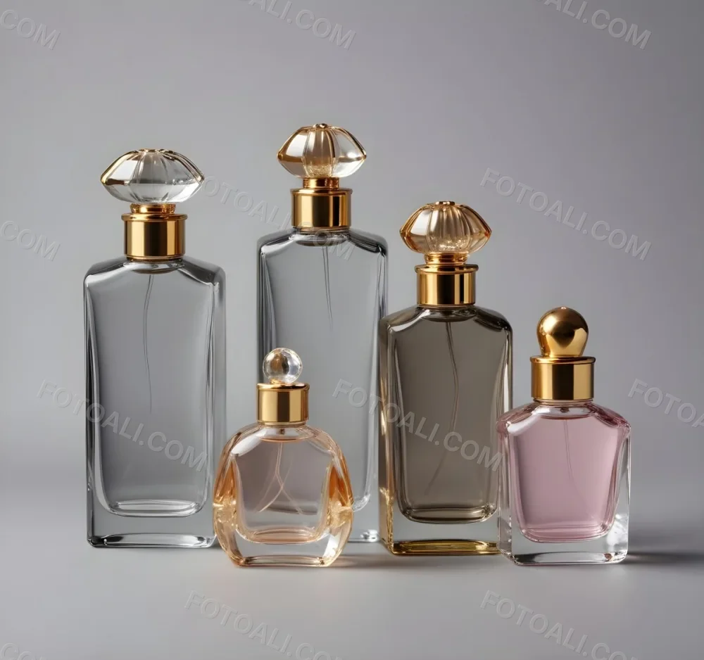 A Collection Of Luxury Glass Perfume Bottles With Gold Colored Caps And Accents Arranged On A Gray Background 22 Bc0f