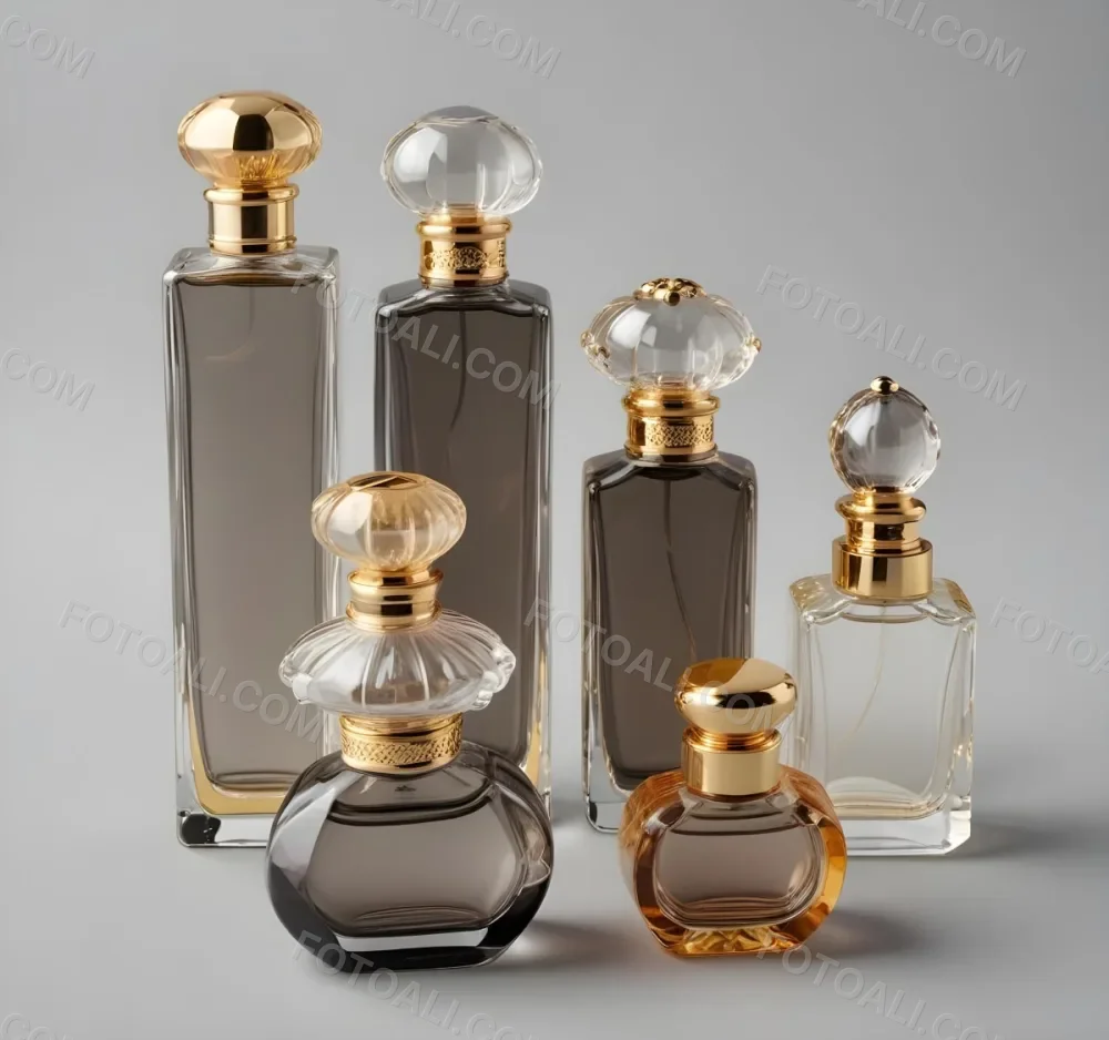 A Collection Of Luxury Glass Perfume Bottles With Gold Colored Caps And Accents Arranged On A Gray Background 24 2747