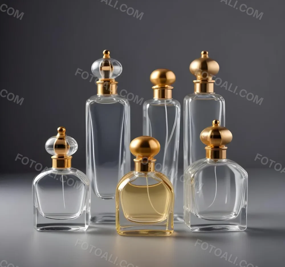A Collection Of Luxury Glass Perfume Bottles With Gold Colored Caps And Accents Arranged On A Gray Background 3 A419