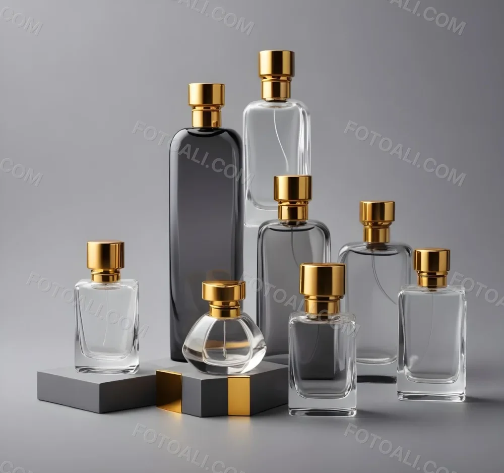 A Collection Of Luxury Glass Perfume Bottles With Gold Colored Caps And Accents Arranged On A Gray Background 4 914a