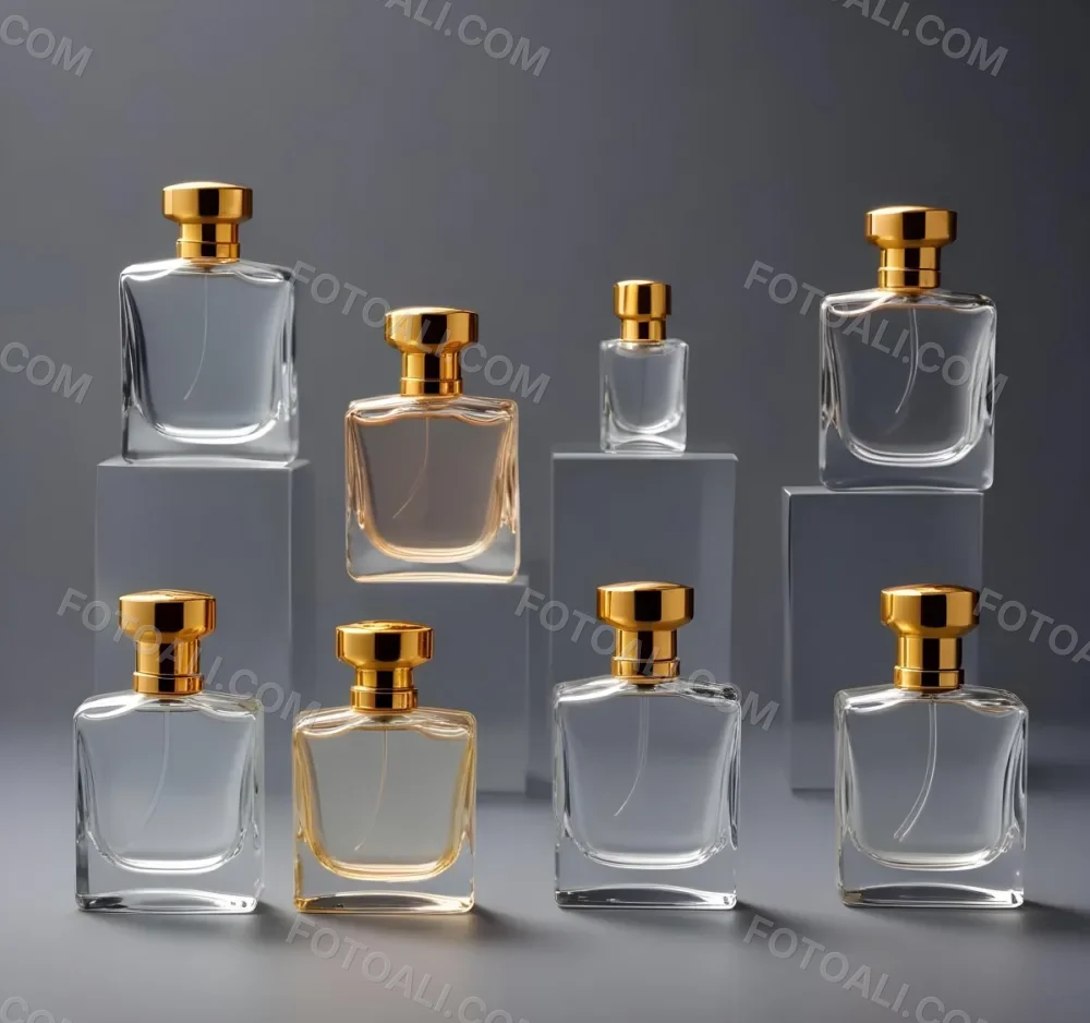 A Collection Of Luxury Glass Perfume Bottles With Gold Colored Caps And Accents Arranged On A Gray Background 6 2949