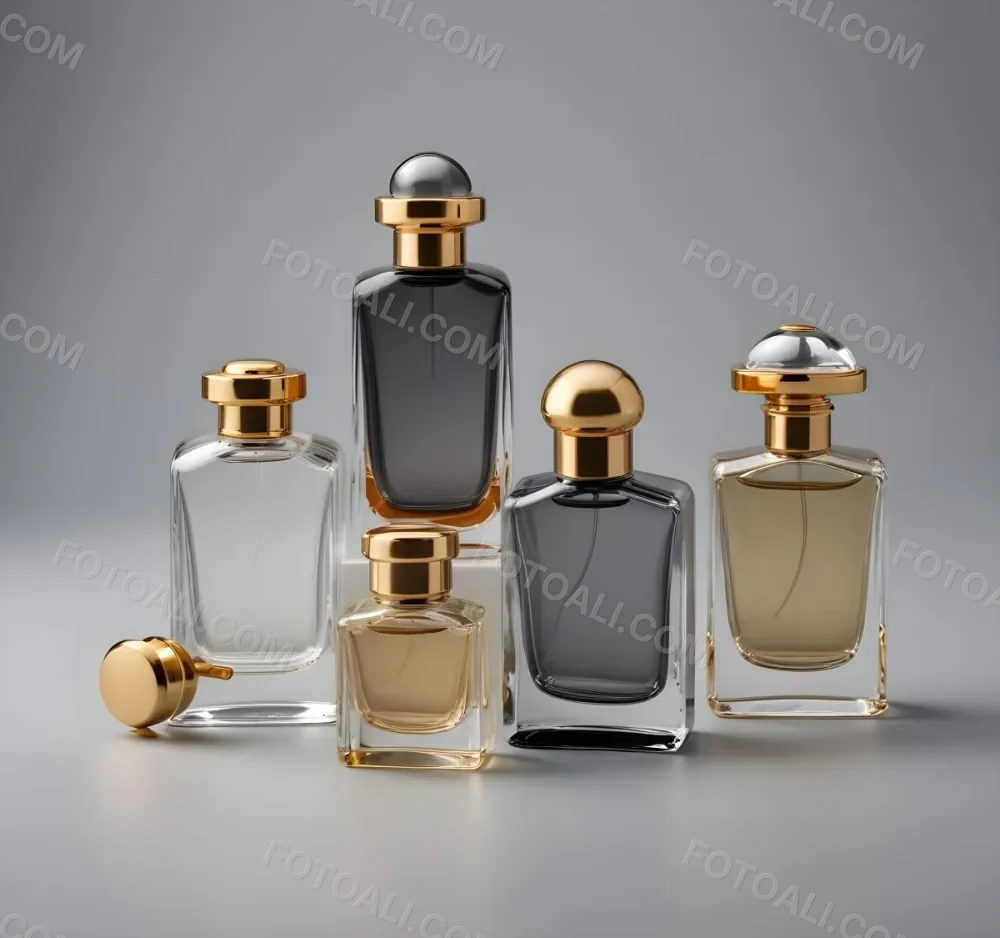 A Collection Of Luxury Glass Perfume Bottles With Gold Colored Caps And Accents Arranged On A Gray Background 7 E7d6