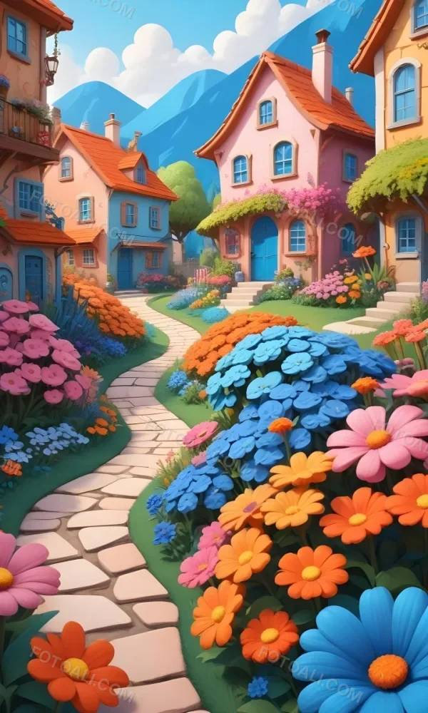 A Colorful And Whimsical Landscape With A Winding Path Leading Through A Vibrant Garden Filled With Large Stylized Flowers In Shades Of Pink Blue And Orange The Background Features Quaint Br 13 5fd3