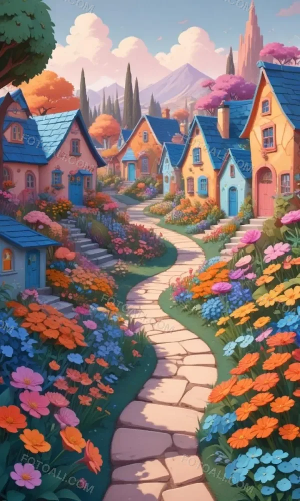 A Colorful And Whimsical Landscape With A Winding Path Leading Through A Vibrant Garden Filled With Large Stylized Flowers In Shades Of Pink Blue And Orange The Background Features Quaint Br 14 8081