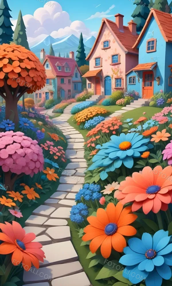 A Colorful And Whimsical Landscape With A Winding Path Leading Through A Vibrant Garden Filled With Large Stylized Flowers In Shades Of Pink Blue And Orange The Background Features Quaint Br 15 3865
