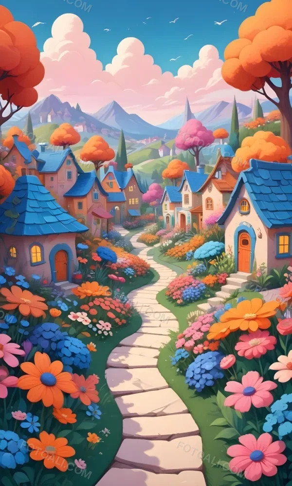 A Colorful And Whimsical Landscape With A Winding Path Leading Through A Vibrant Garden Filled With Large Stylized Flowers In Shades Of Pink Blue And Orange The Background Features Quaint Br 17 Cdec