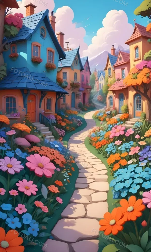 A Colorful And Whimsical Landscape With A Winding Path Leading Through A Vibrant Garden Filled With Large Stylized Flowers In Shades Of Pink Blue And Orange The Background Features Quaint Br 19 E76c