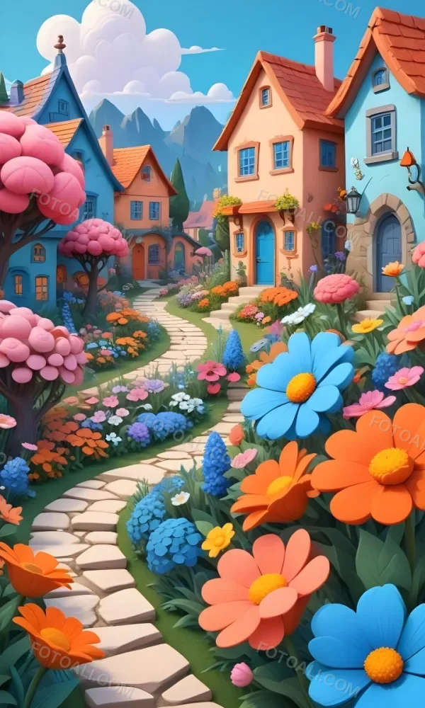 A Colorful And Whimsical Landscape With A Winding Path Leading Through A Vibrant Garden Filled With Large Stylized Flowers In Shades Of Pink Blue And Orange The Background Features Quaint Br 20 47ac