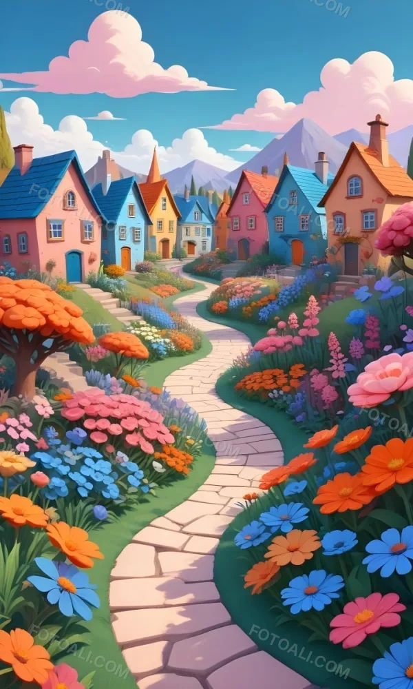 A Colorful And Whimsical Landscape With A Winding Path Leading Through A Vibrant Garden Filled With Large Stylized Flowers In Shades Of Pink Blue And Orange The Background Features Quaint Br 21 9931