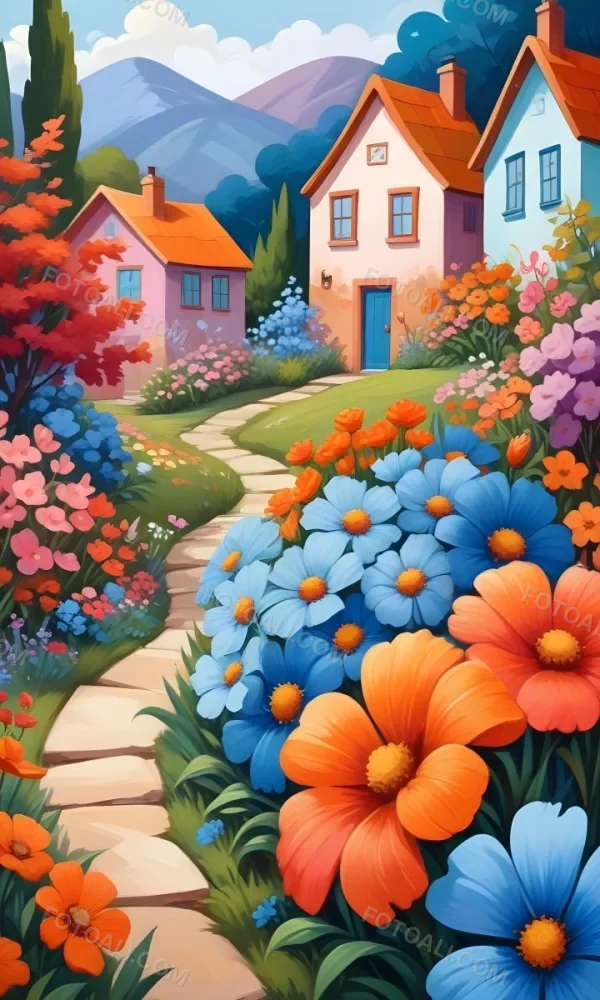 A Colorful And Whimsical Landscape With A Winding Path Leading Through A Vibrant Garden Filled With Large Stylized Flowers In Shades Of Pink Blue And Orange The Background Features Quaint Br 3 D1ae