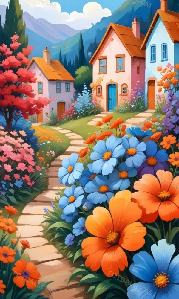 A Colorful And Whimsical Landscape With A Winding Path Leading Through A Vibrant Garden Filled With Large Stylized Flowers In Shades Of Pink Blue And Orange The Background Features Quaint Br 4 3cb4