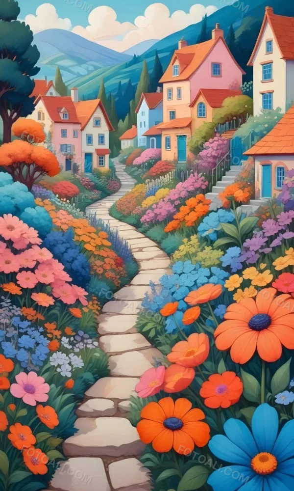 A Colorful And Whimsical Landscape With A Winding Path Leading Through A Vibrant Garden Filled With Large Stylized Flowers In Shades Of Pink Blue And Orange The Background Features Quaint Br 7 7002
