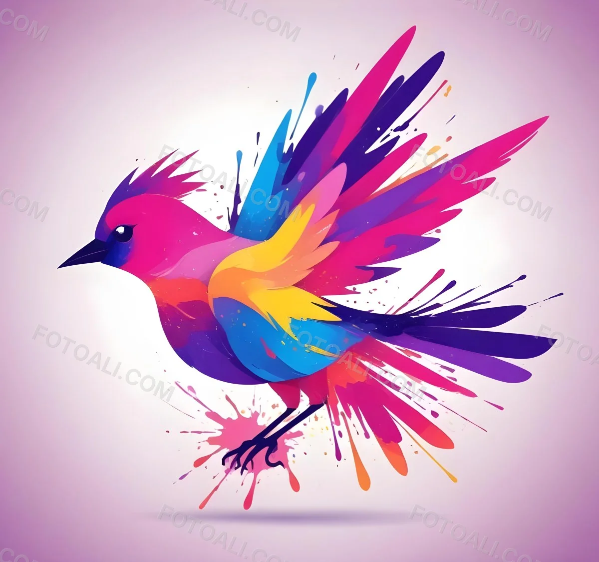 A Colorful Bird With Vibrant Feathers In Shades Of Purple Pink Orange And Yellow The Bird Has A Simple Stylized Design With Abstract Patterns And Shapes Forming Its Plumage The Background Is Plain White 125 C127