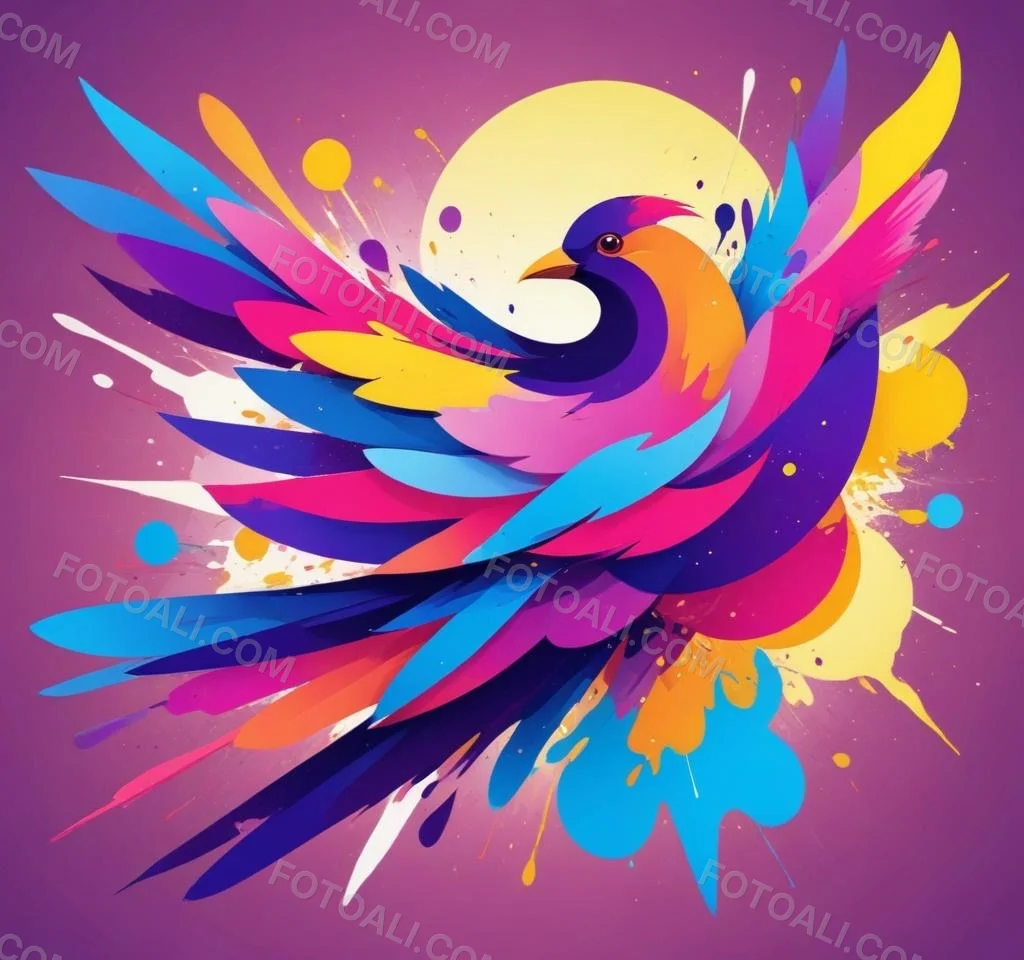 A Colorful Bird With Vibrant Feathers In Shades Of Purple Pink Orange And Yellow The Bird Has A Simple Stylized Design With Abstract Patterns And Shapes Forming Its Plumage The Background Is Plain White 132 B18b