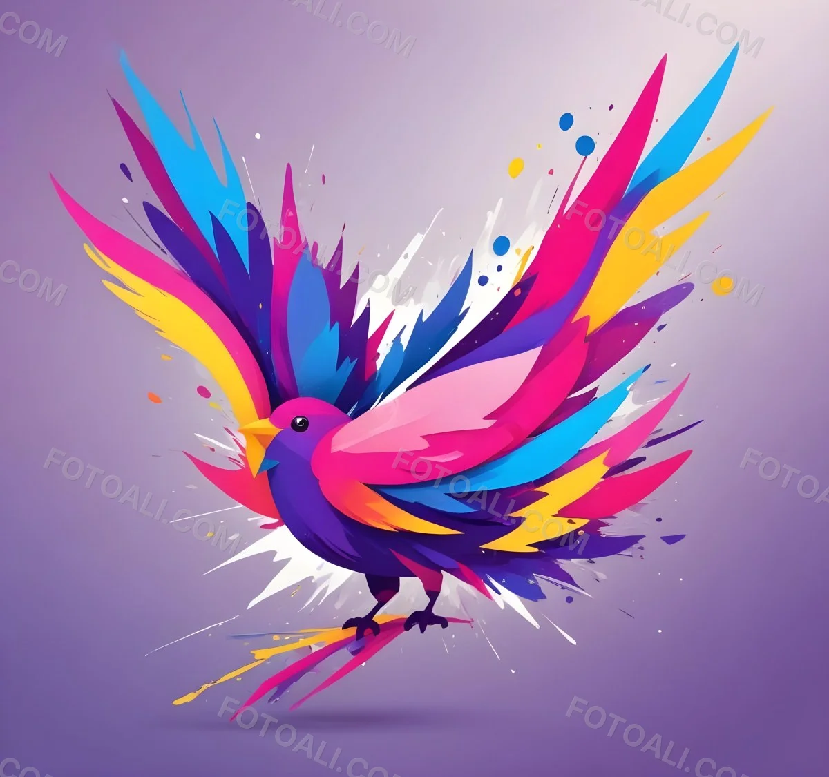 A Colorful Bird With Vibrant Feathers In Shades Of Purple Pink Orange And Yellow The Bird Has A Simple Stylized Design With Abstract Patterns And Shapes Forming Its Plumage The Background Is Plain White 135 2f02