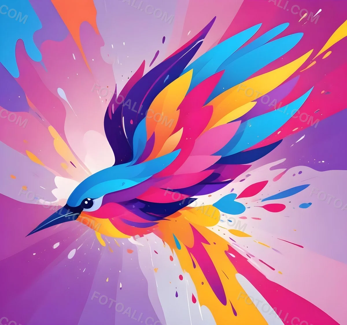 A Colorful Bird With Vibrant Feathers In Shades Of Purple Pink Orange And Yellow The Bird Has A Simple Stylized Design With Abstract Patterns And Shapes Forming Its Plumage The Background Is Plain White 190 5966