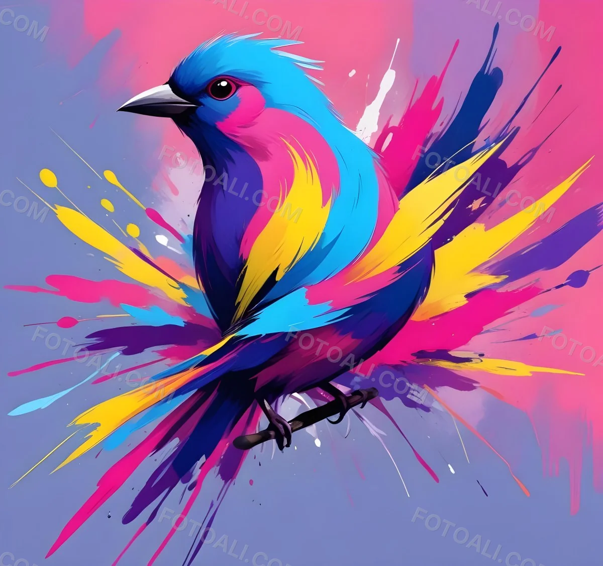 A Colorful Bird With Vibrant Feathers In Shades Of Purple Pink Orange And Yellow The Bird Has A Simple Stylized Design With Abstract Patterns And Shapes Forming Its Plumage The Background Is Plain White 5 84be