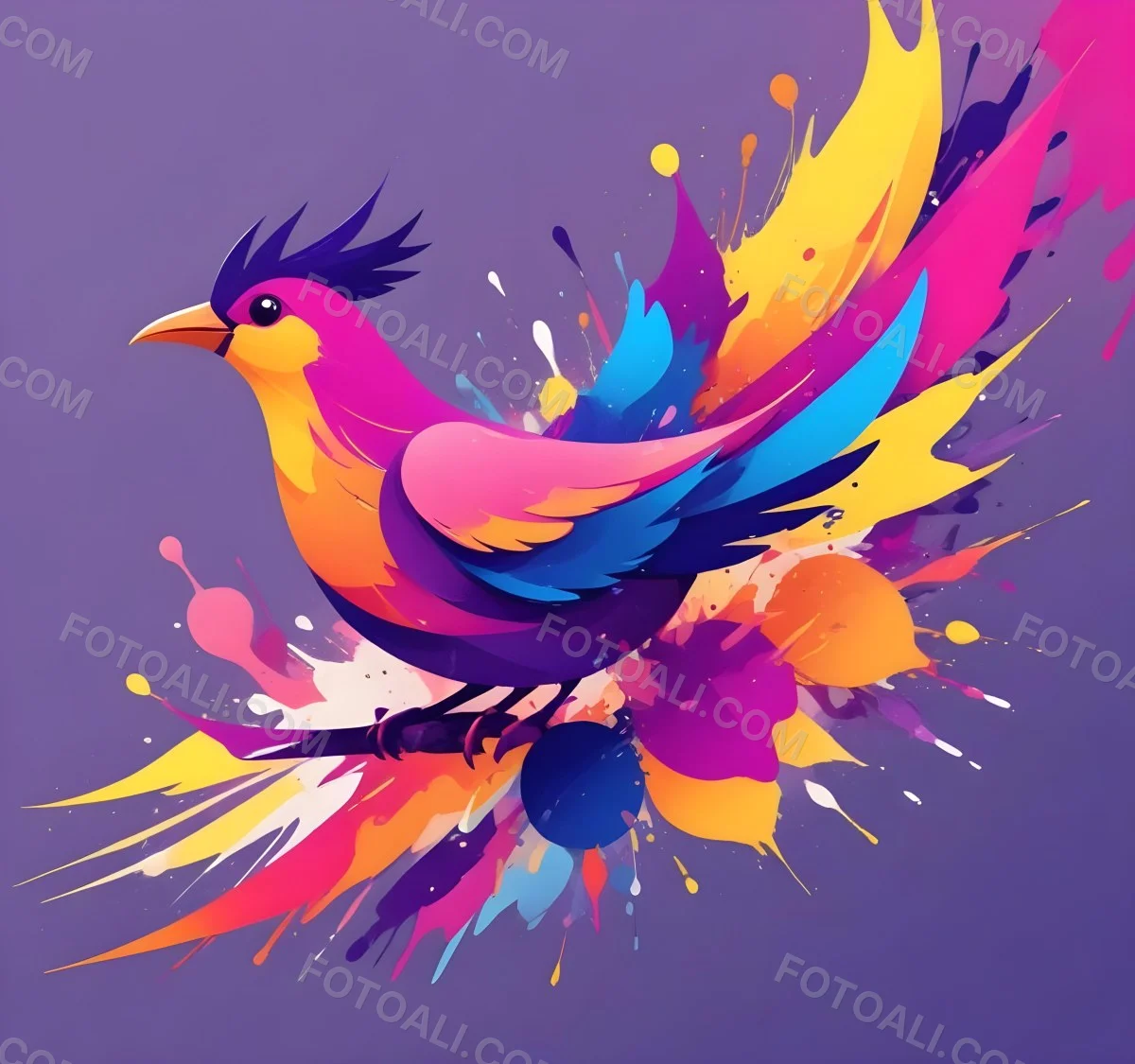 A Colorful Bird With Vibrant Feathers In Shades Of Purple Pink Orange And Yellow The Bird Has A Simple Stylized Design With Abstract Patterns And Shapes Forming Its Plumage The Background Is Plain White 51 Ca58