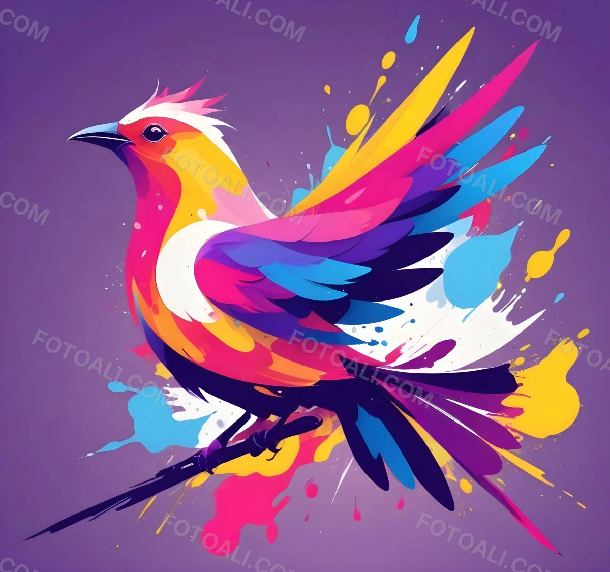 A Colorful Bird With Vibrant Feathers In Shades Of Purple Pink Orange And Yellow The Bird Has A Simple Stylized Design With Abstract Patterns And Shapes Forming Its Plumage The Background Is Plain White 52 27de