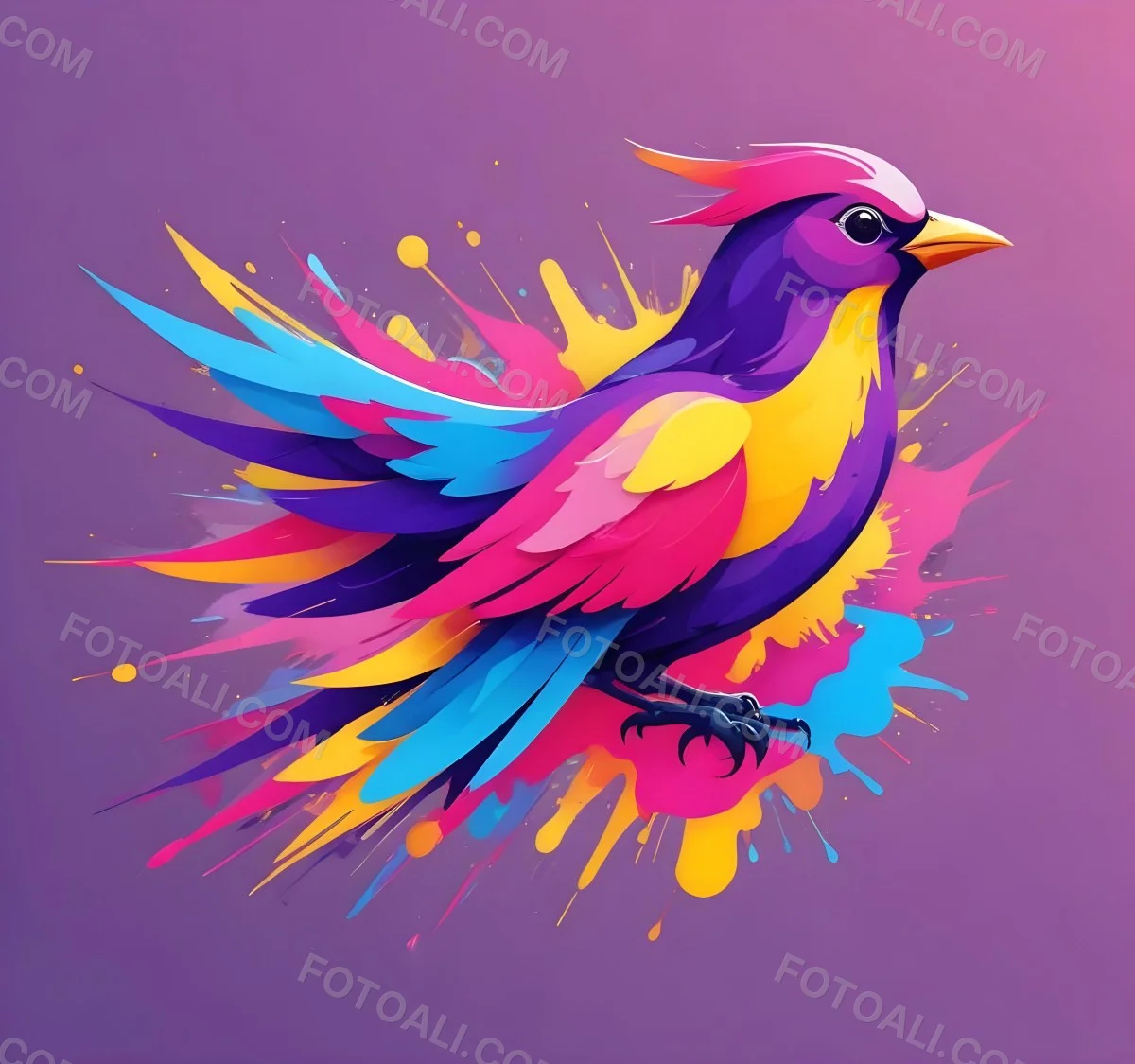 A Colorful Bird With Vibrant Feathers In Shades Of Purple Pink Orange And Yellow The Bird Has A Simple Stylized Design With Abstract Patterns And Shapes Forming Its Plumage The Background Is Plain White 54 8ae4