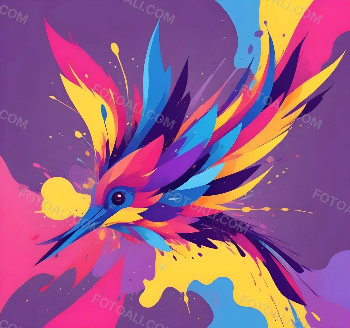 A Colorful Bird With Vibrant Feathers In Shades Of Purple Pink Orange And Yellow The Bird Has A Simple Stylized Design With Abstract Patterns And Shapes Forming Its Plumage The Background Is Plain White 55 Dd20