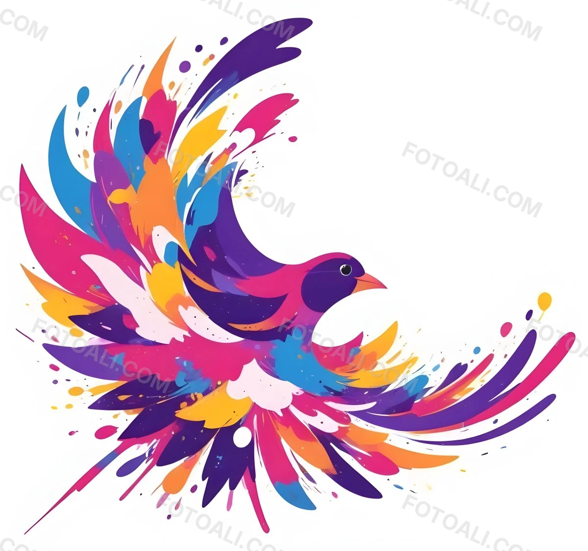 A Colorful Bird With Vibrant Feathers In Shades Of Purple Pink Orange And Yellow The Bird Has A Simple Stylized Design With Abstract Patterns And Shapes Forming Its Plumage The Background Is Plain White 56 64de