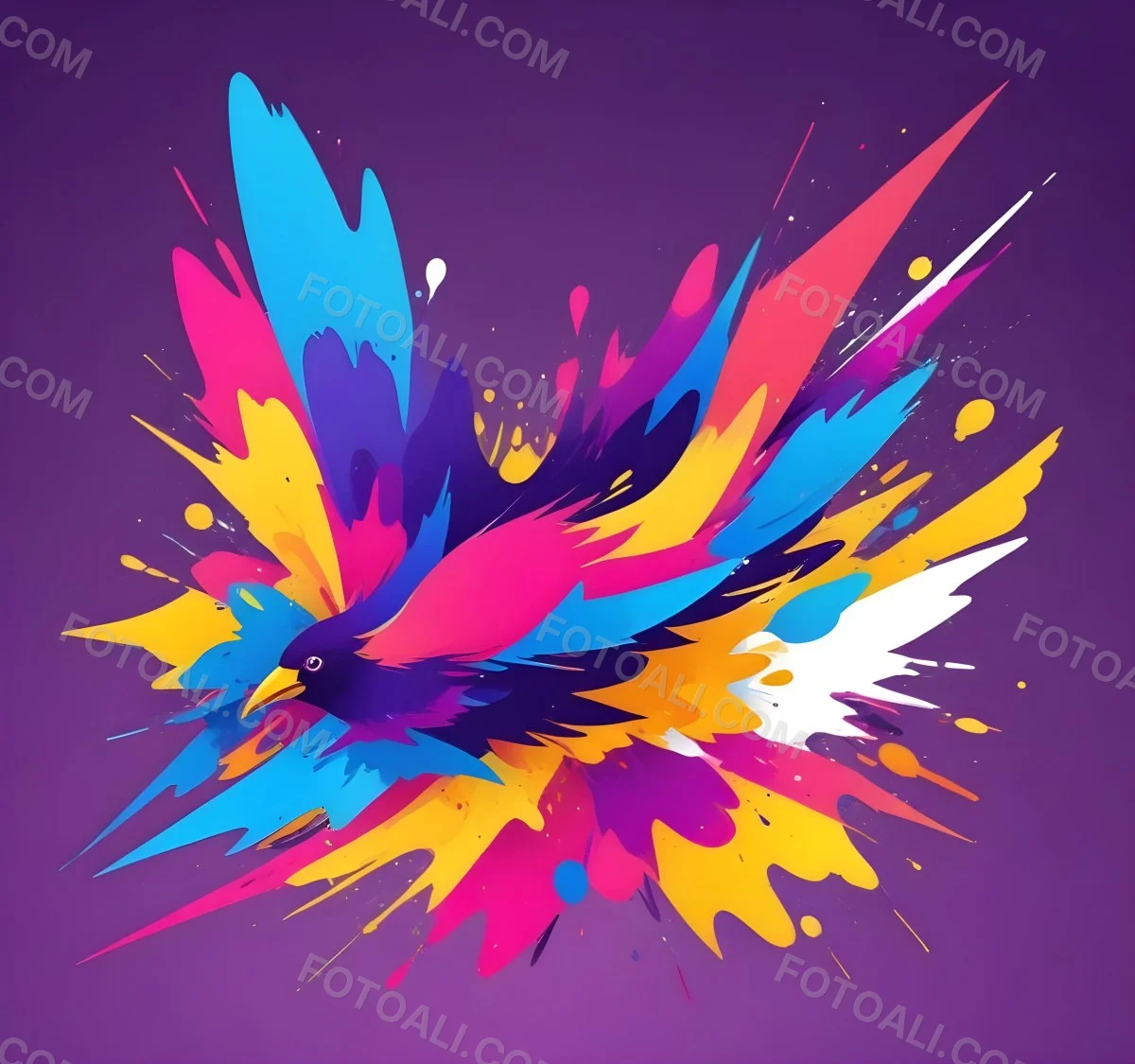A Colorful Bird With Vibrant Feathers In Shades Of Purple Pink Orange And Yellow The Bird Has A Simple Stylized Design With Abstract Patterns And Shapes Forming Its Plumage The Background Is Plain White 57 Cccf