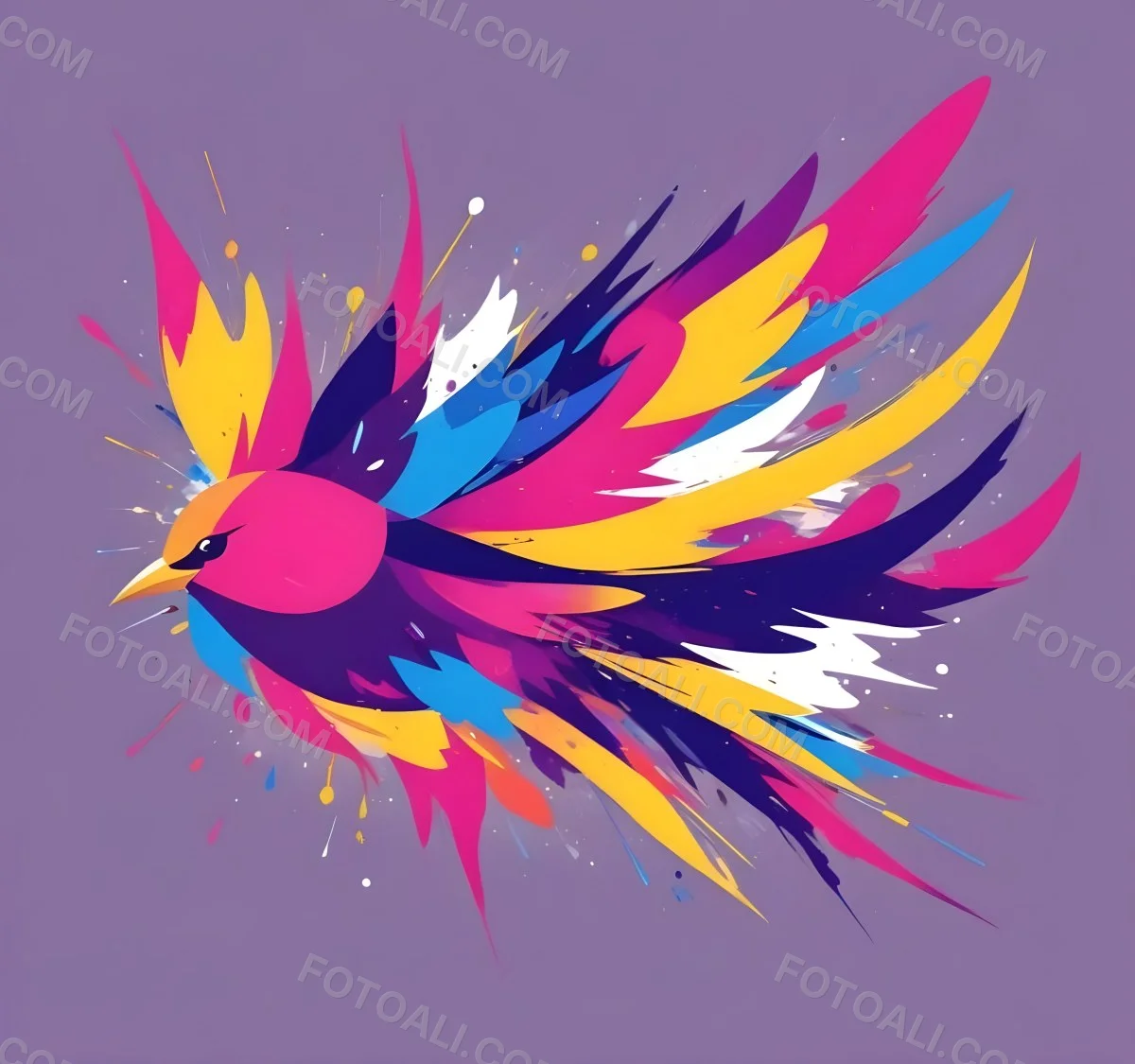 A Colorful Bird With Vibrant Feathers In Shades Of Purple Pink Orange And Yellow The Bird Has A Simple Stylized Design With Abstract Patterns And Shapes Forming Its Plumage The Background Is Plain White 63 Fd42