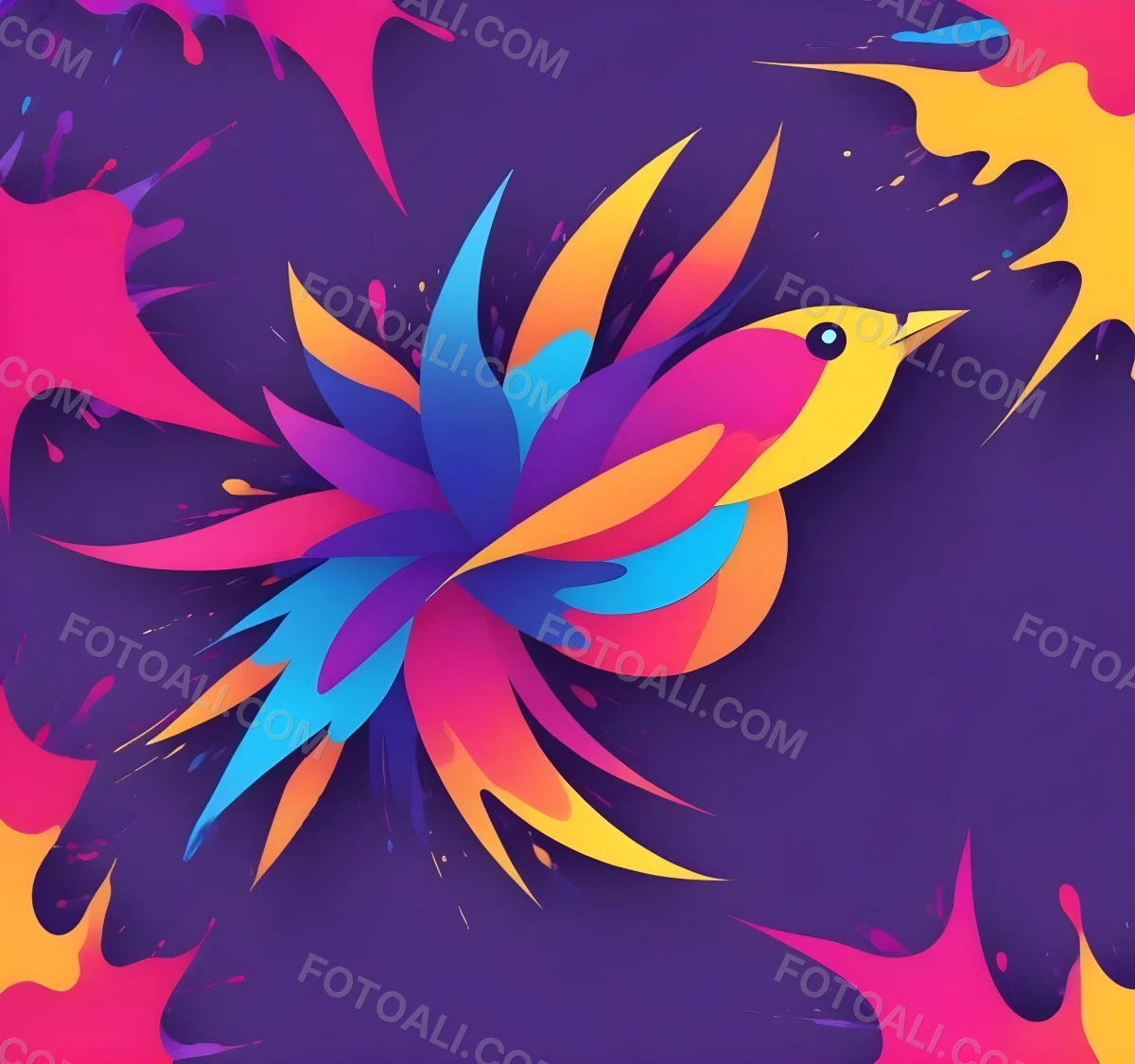 A Colorful Bird With Vibrant Feathers In Shades Of Purple Pink Orange And Yellow The Bird Has A Simple Stylized Design With Abstract Patterns And Shapes Forming Its Plumage The Background Is Plain White 65 7365