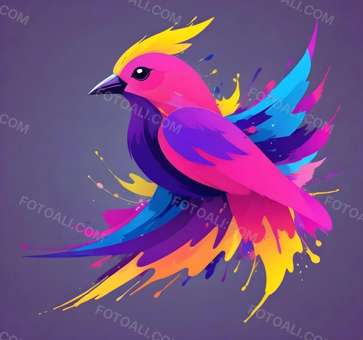 A Colorful Bird With Vibrant Feathers In Shades Of Purple Pink Orange And Yellow The Bird Has A Simple Stylized Design With Abstract Patterns And Shapes Forming Its Plumage The Background Is Plain White 68 7a2c