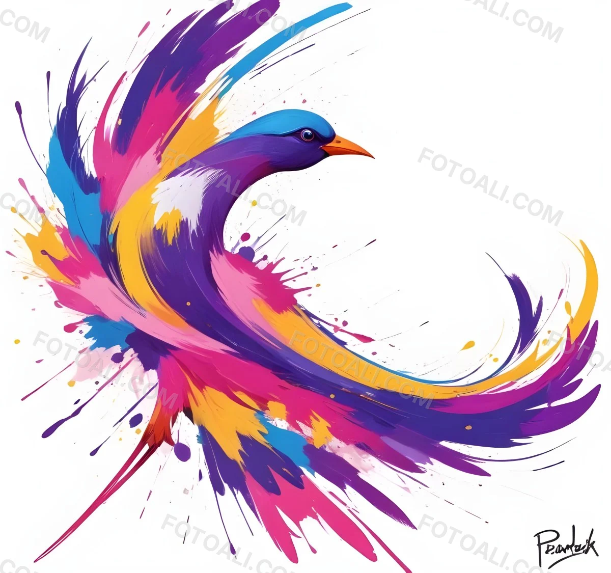A Colorful Bird With Vibrant Feathers In Shades Of Purple Pink Orange And Yellow The Bird Has A Simple Stylized Design With Abstract Patterns And Shapes Forming Its Plumage The Background Is Plain White 7 B2cb
