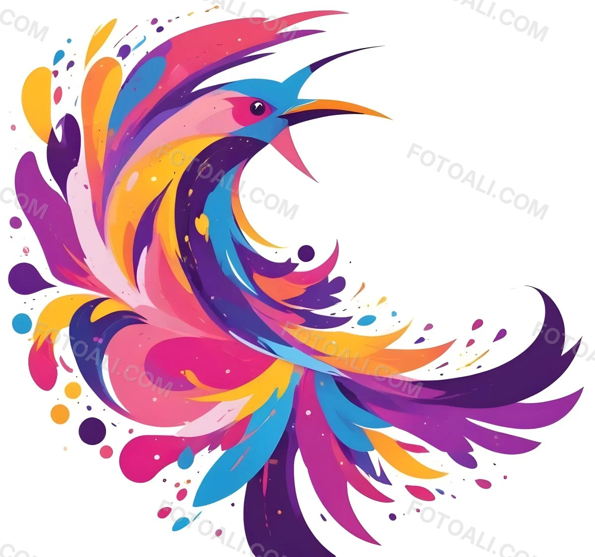A Colorful Bird With Vibrant Feathers In Shades Of Purple Pink Orange And Yellow The Bird Has A Simple Stylized Design With Abstract Patterns And Shapes Forming Its Plumage The Background Is Plain White 74 0507