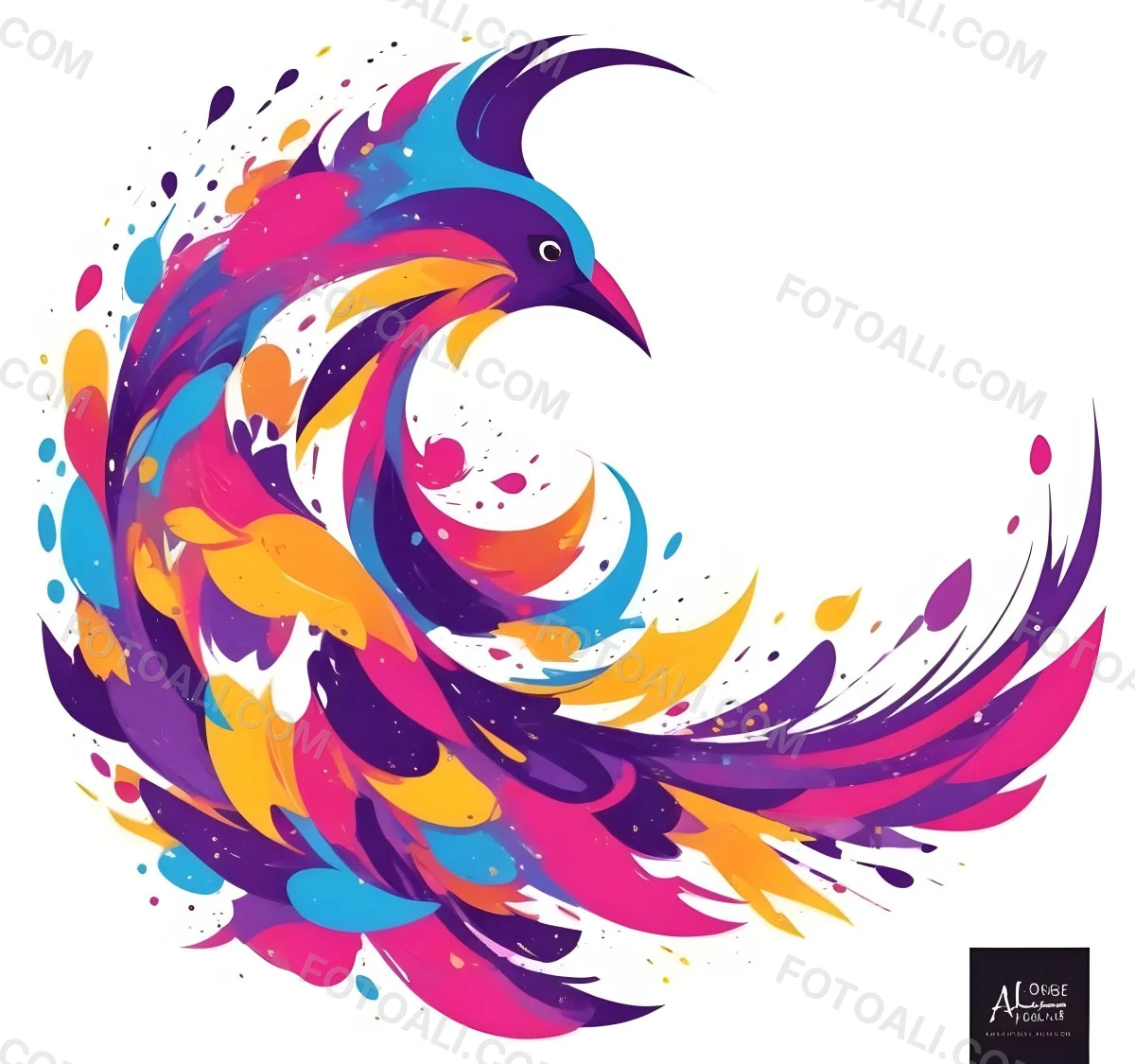 A Colorful Bird With Vibrant Feathers In Shades Of Purple Pink Orange And Yellow The Bird Has A Simple Stylized Design With Abstract Patterns And Shapes Forming Its Plumage The Background Is Plain White 75 95ee