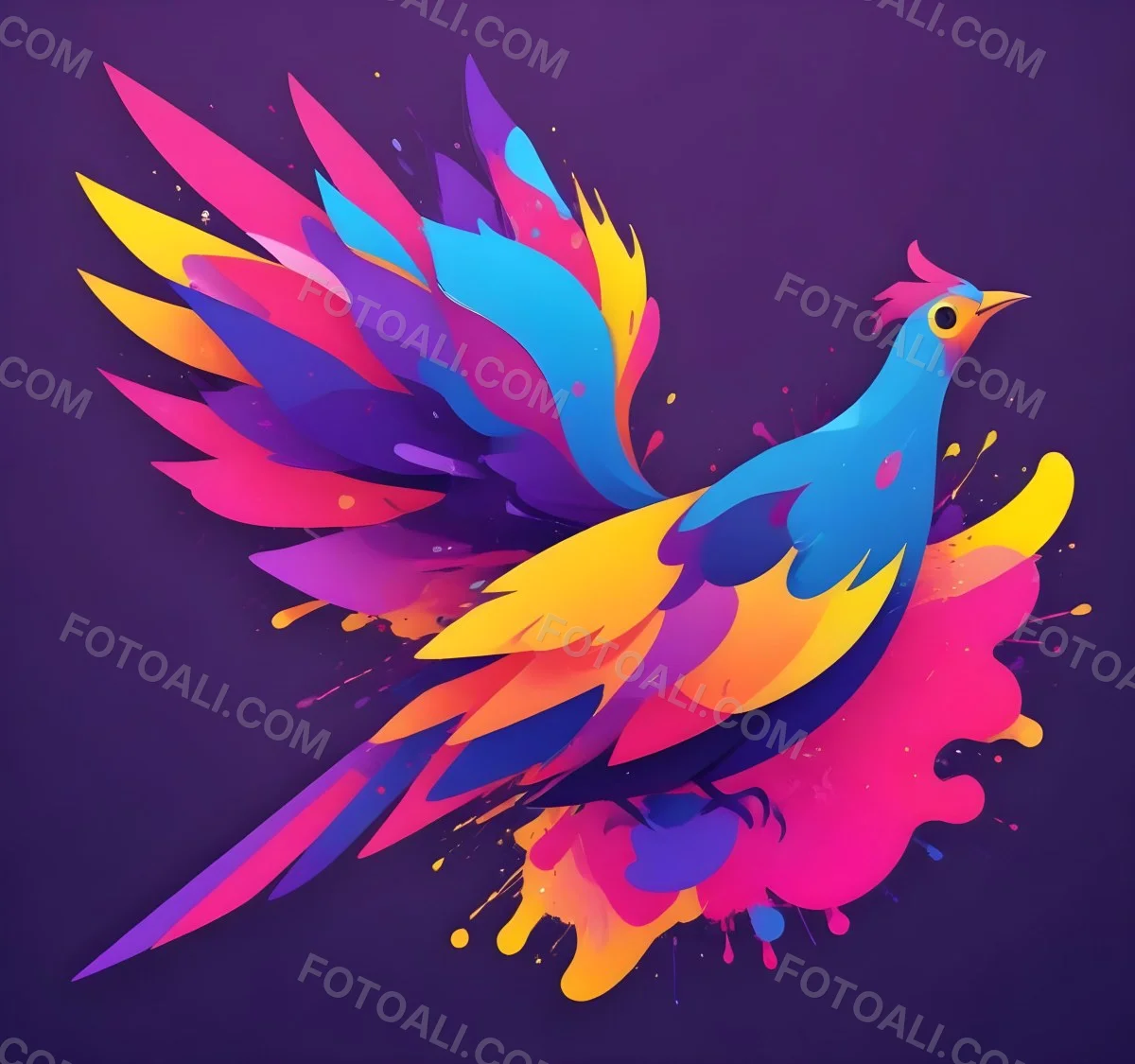 A Colorful Bird With Vibrant Feathers In Shades Of Purple Pink Orange And Yellow The Bird Has A Simple Stylized Design With Abstract Patterns And Shapes Forming Its Plumage The Background Is Plain White 76 1f44