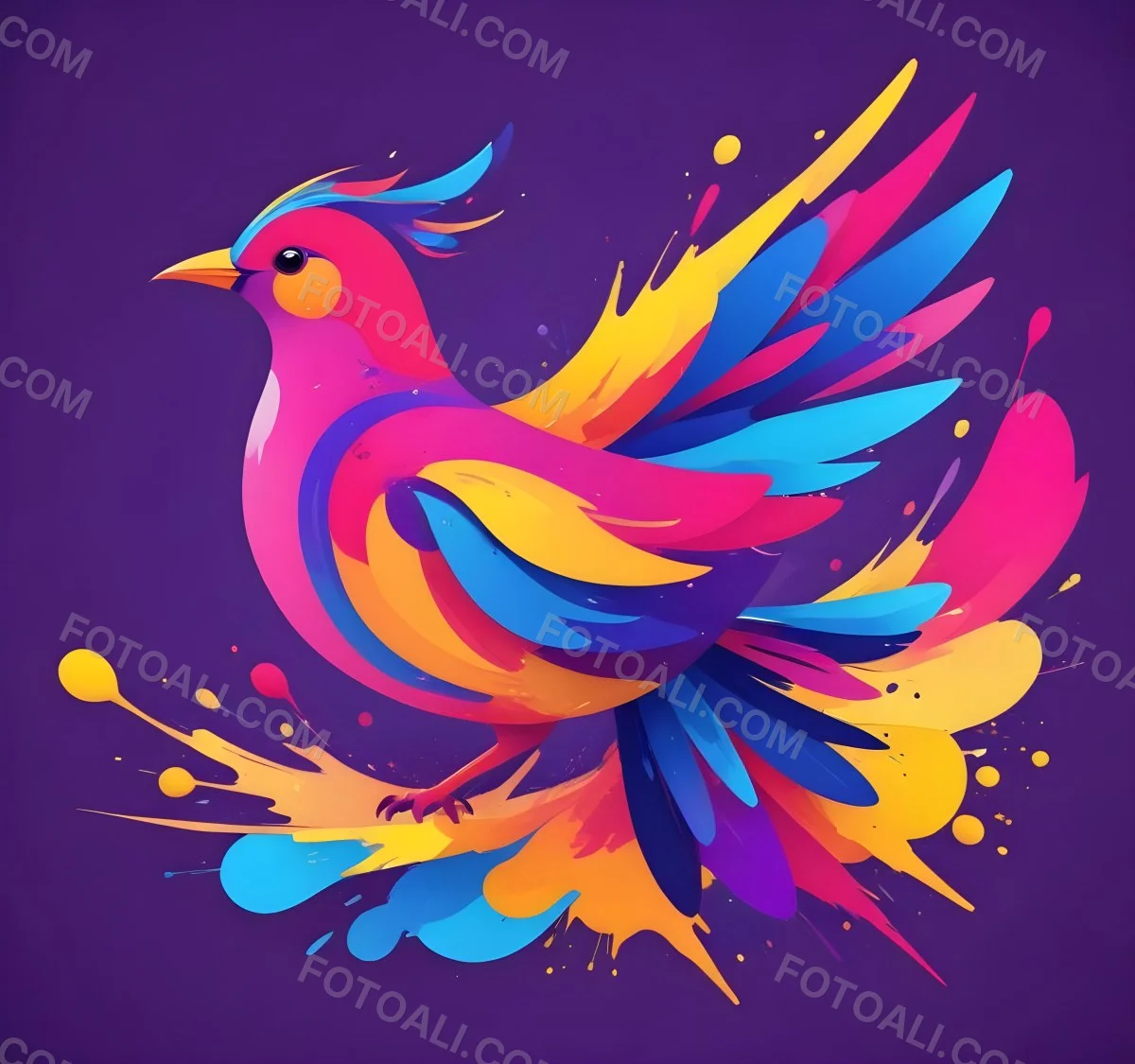 A Colorful Bird With Vibrant Feathers In Shades Of Purple Pink Orange And Yellow The Bird Has A Simple Stylized Design With Abstract Patterns And Shapes Forming Its Plumage The Background Is Plain White 77 1c76