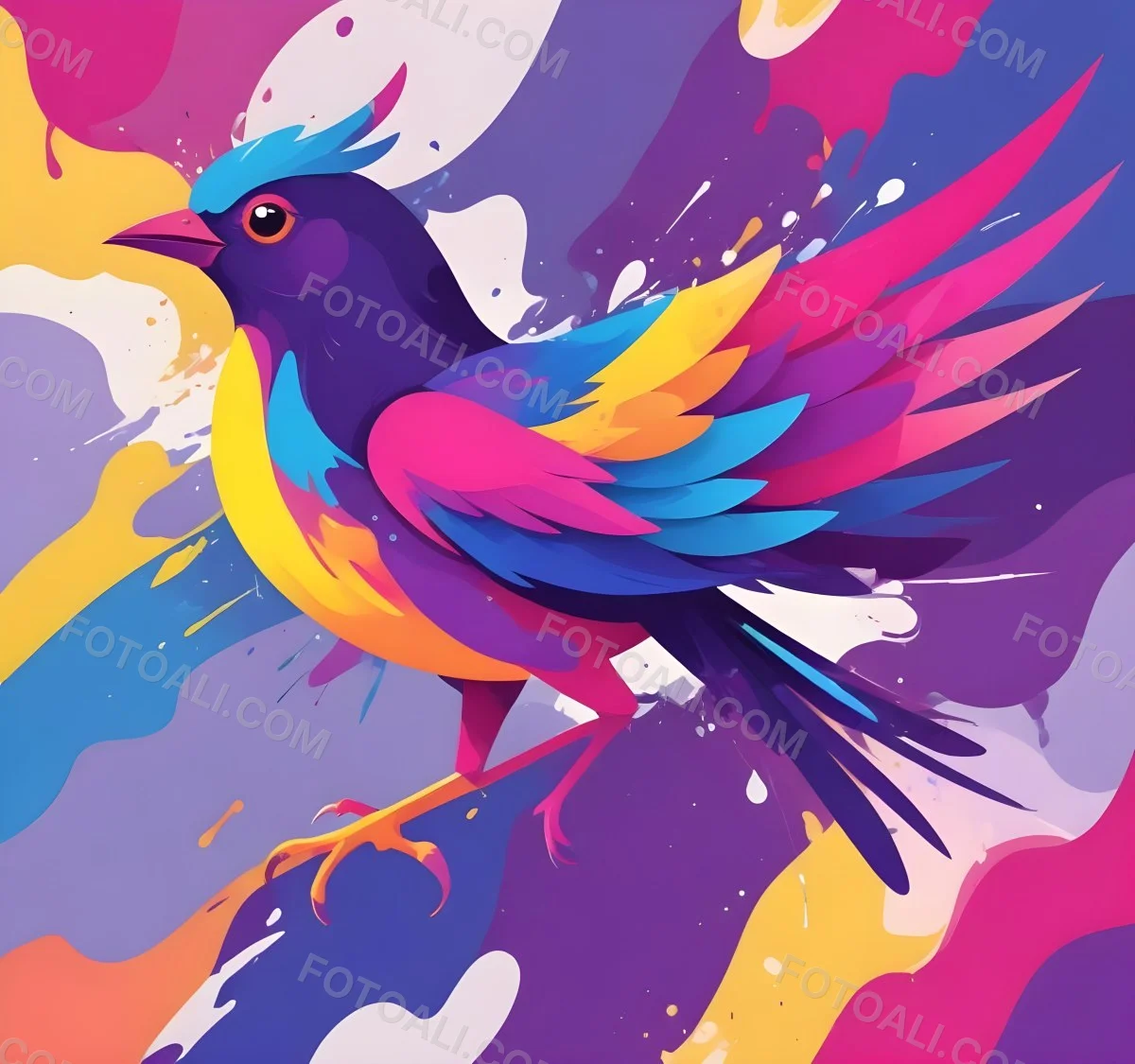A Colorful Bird With Vibrant Feathers In Shades Of Purple Pink Orange And Yellow The Bird Has A Simple Stylized Design With Abstract Patterns And Shapes Forming Its Plumage The Background Is Plain White 78 7933