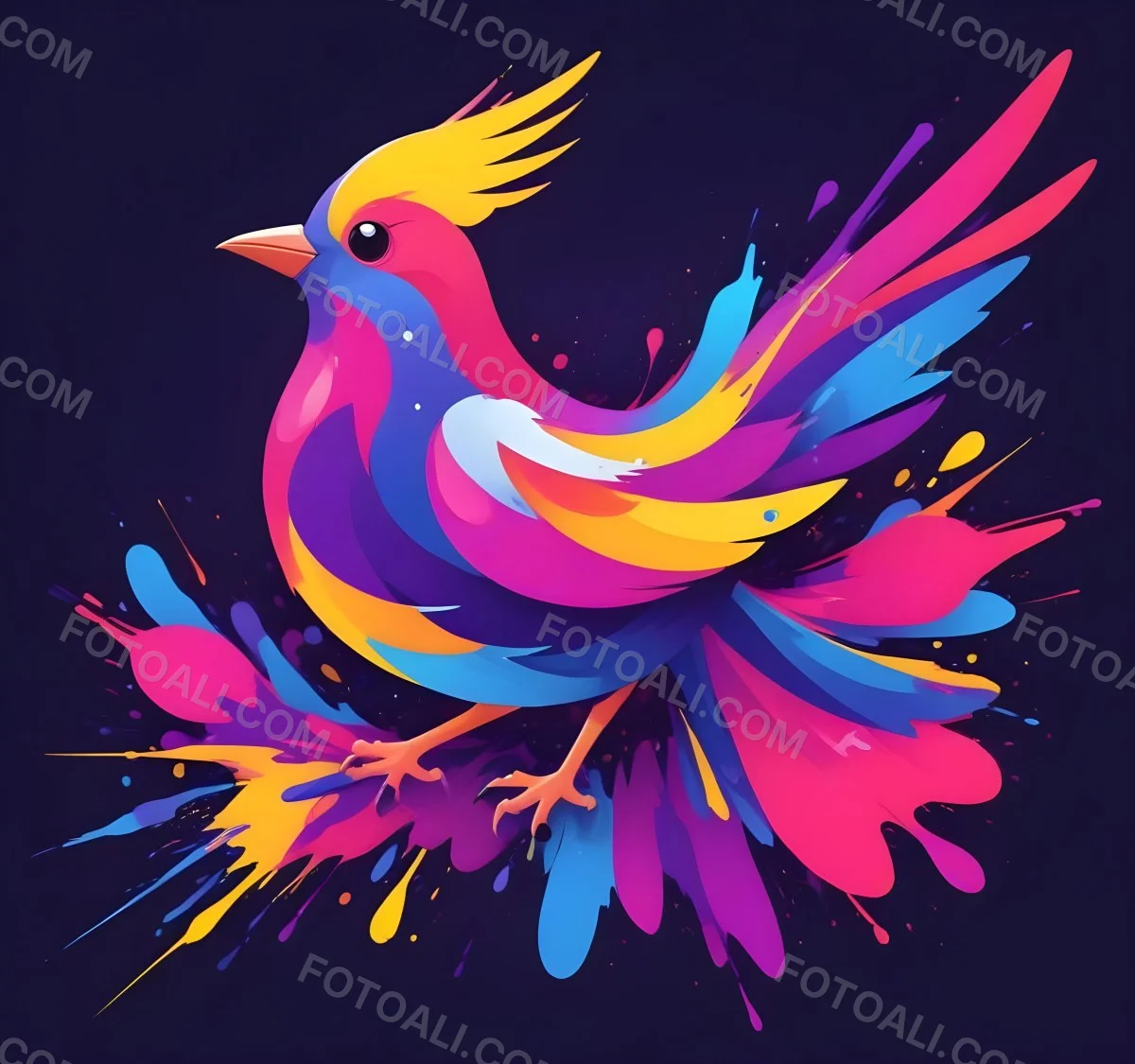 A Colorful Bird With Vibrant Feathers In Shades Of Purple Pink Orange And Yellow The Bird Has A Simple Stylized Design With Abstract Patterns And Shapes Forming Its Plumage The Background Is Plain White 80 2de6