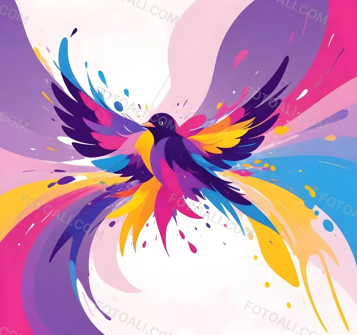A Colorful Bird With Vibrant Feathers In Shades Of Purple Pink Orange And Yellow The Bird Has A Simple Stylized Design With Abstract Patterns And Shapes Forming Its Plumage The Background Is Plain White 87 9387