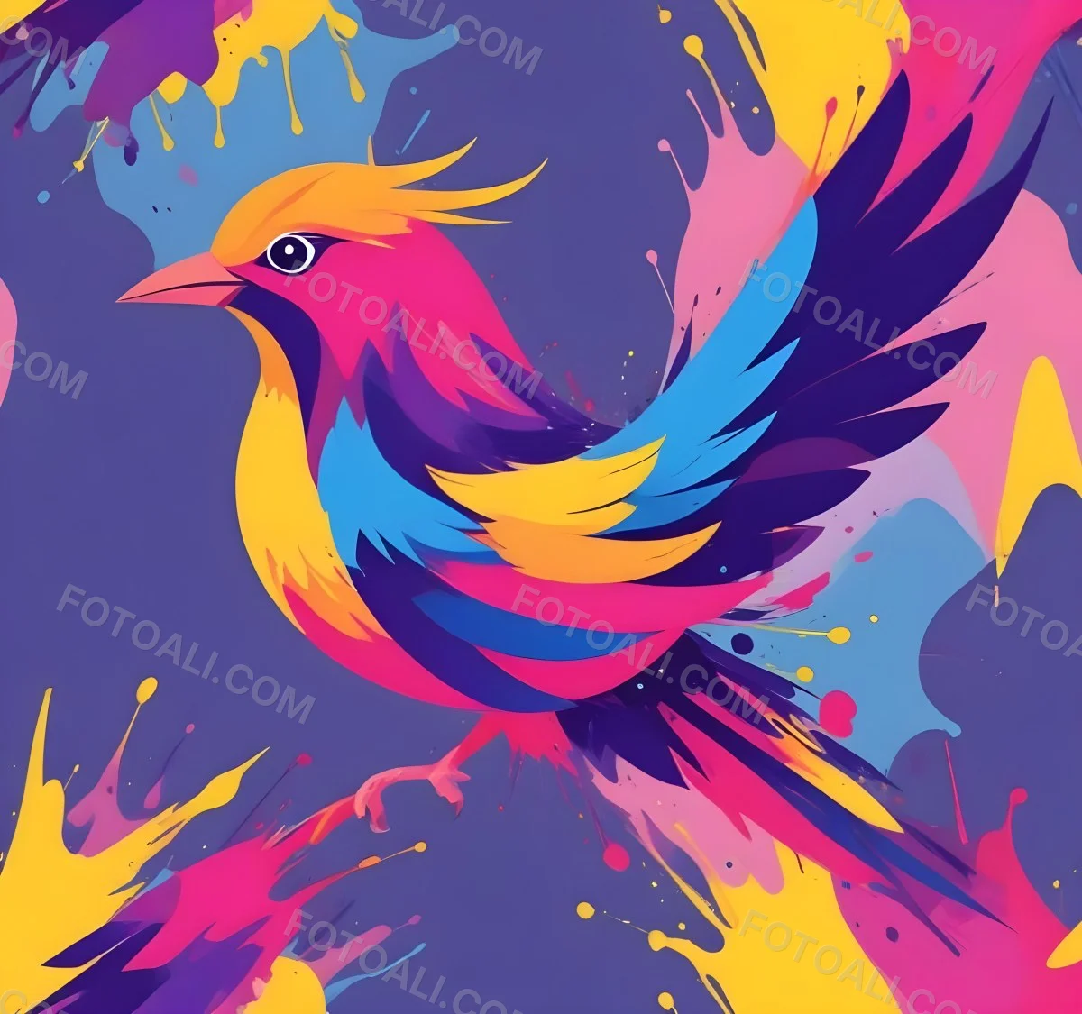 A Colorful Bird With Vibrant Feathers In Shades Of Purple Pink Orange And Yellow The Bird Has A Simple Stylized Design With Abstract Patterns And Shapes Forming Its Plumage The Background Is Plain White 88 Db07