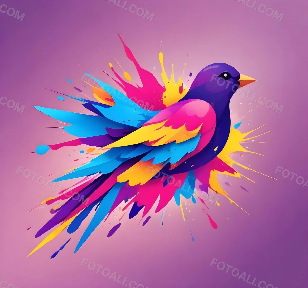 A Colorful Bird With Vibrant Feathers In Shades Of Purple Pink Orange And Yellow The Bird Has A Simple Stylized Design With Abstract Patterns And Shapes Forming Its Plumage The Background Is Plain White 90 89e2