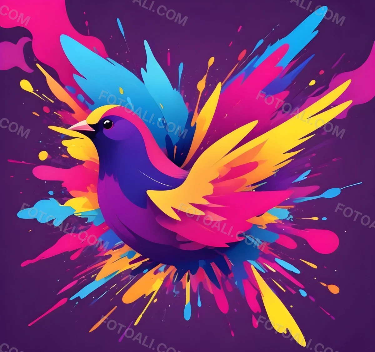 A Colorful Bird With Vibrant Feathers In Shades Of Purple Pink Orange And Yellow The Bird Has A Simple Stylized Design With Abstract Patterns And Shapes Forming Its Plumage The Background Is Plain White 91 52ba
