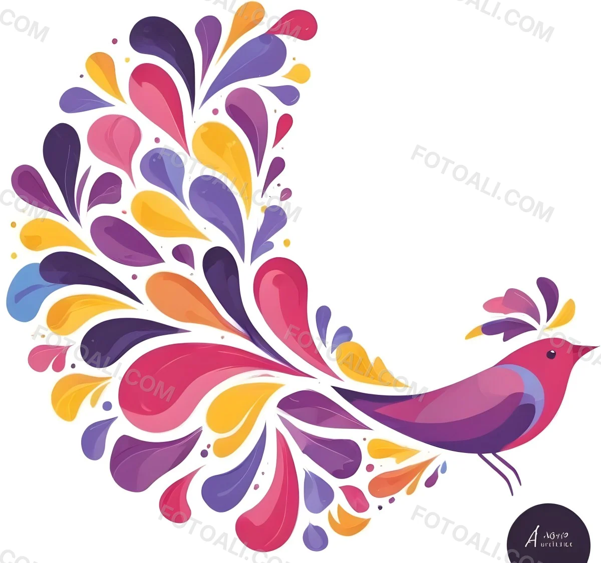 A Colorful Bird With Vibrant Feathers In Shades Of Purple Pink Orange And Yellow The Bird Has A Simple Stylized Design With Abstract Patterns And Shapes Forming Its Plumage The Background Is Plain White 93 478c
