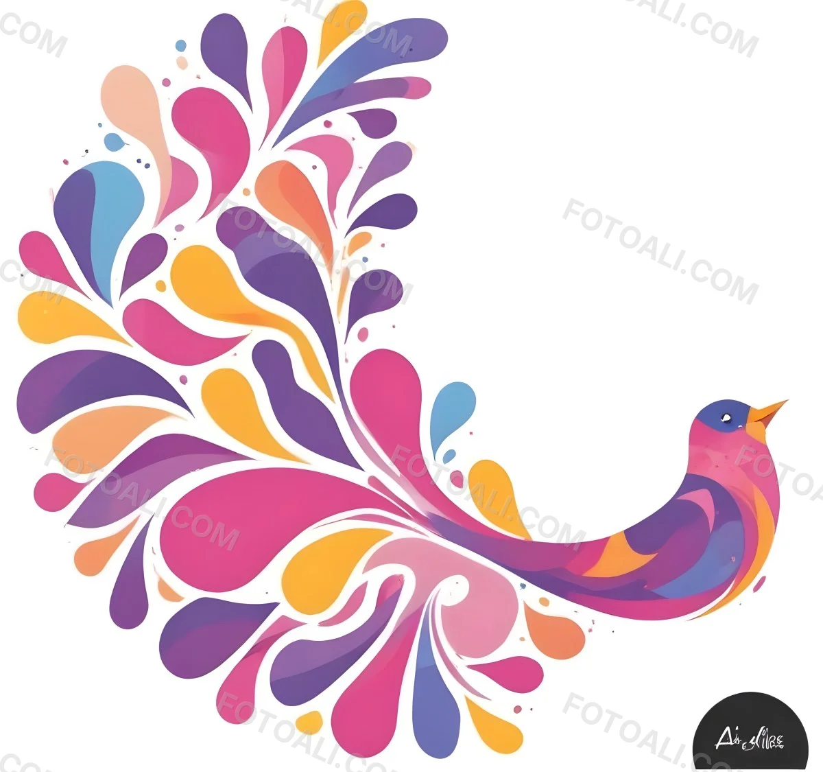 A Colorful Bird With Vibrant Feathers In Shades Of Purple Pink Orange And Yellow The Bird Has A Simple Stylized Design With Abstract Patterns And Shapes Forming Its Plumage The Background Is Plain White 97 99ec