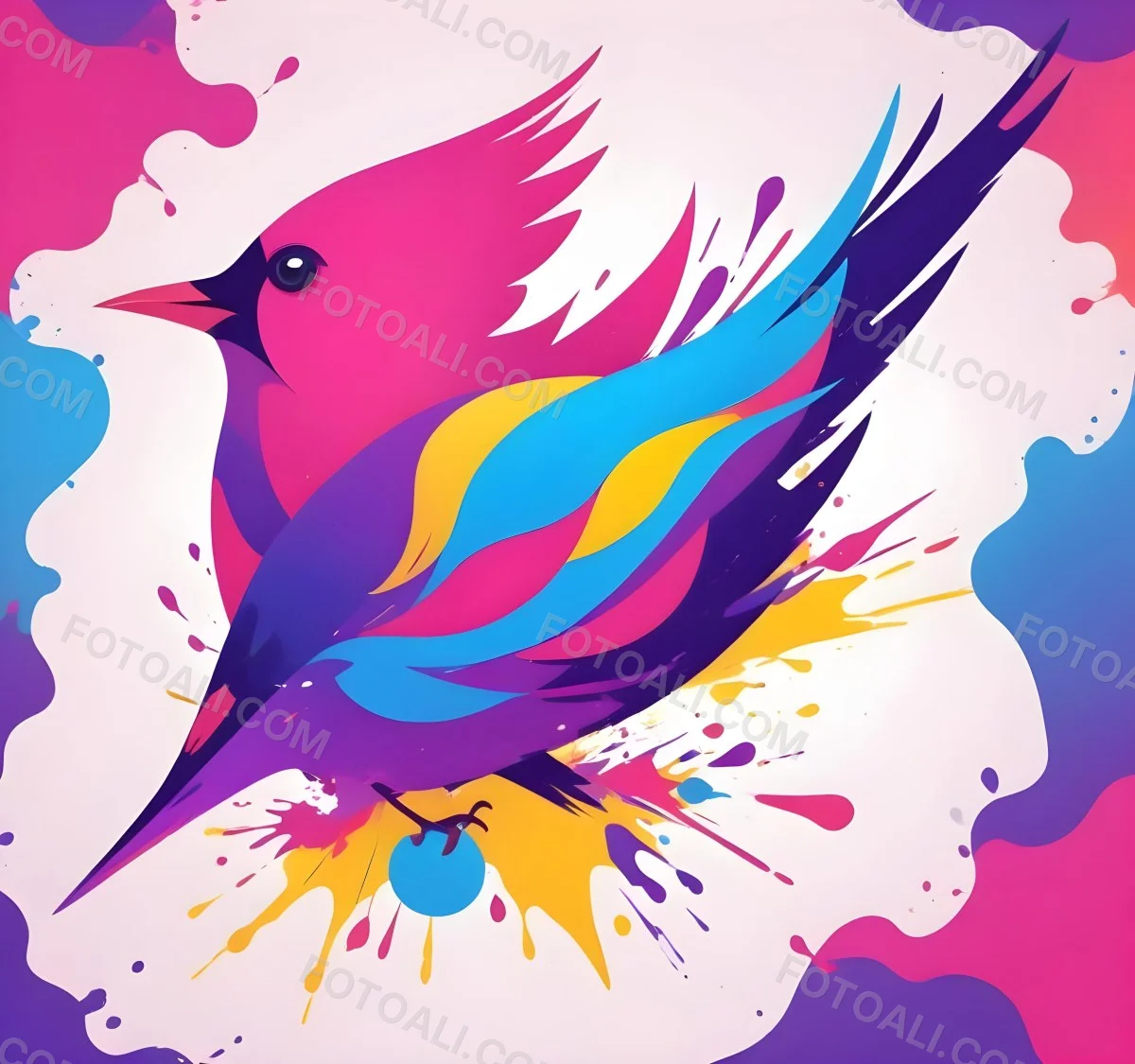 A Colorful Bird With Vibrant Feathers In Shades Of Purple Pink Orange And Yellow The Bird Has A Simple Stylized Design With Abstract Patterns And Shapes Forming Its Plumage The Background Is Plain White 98 0239