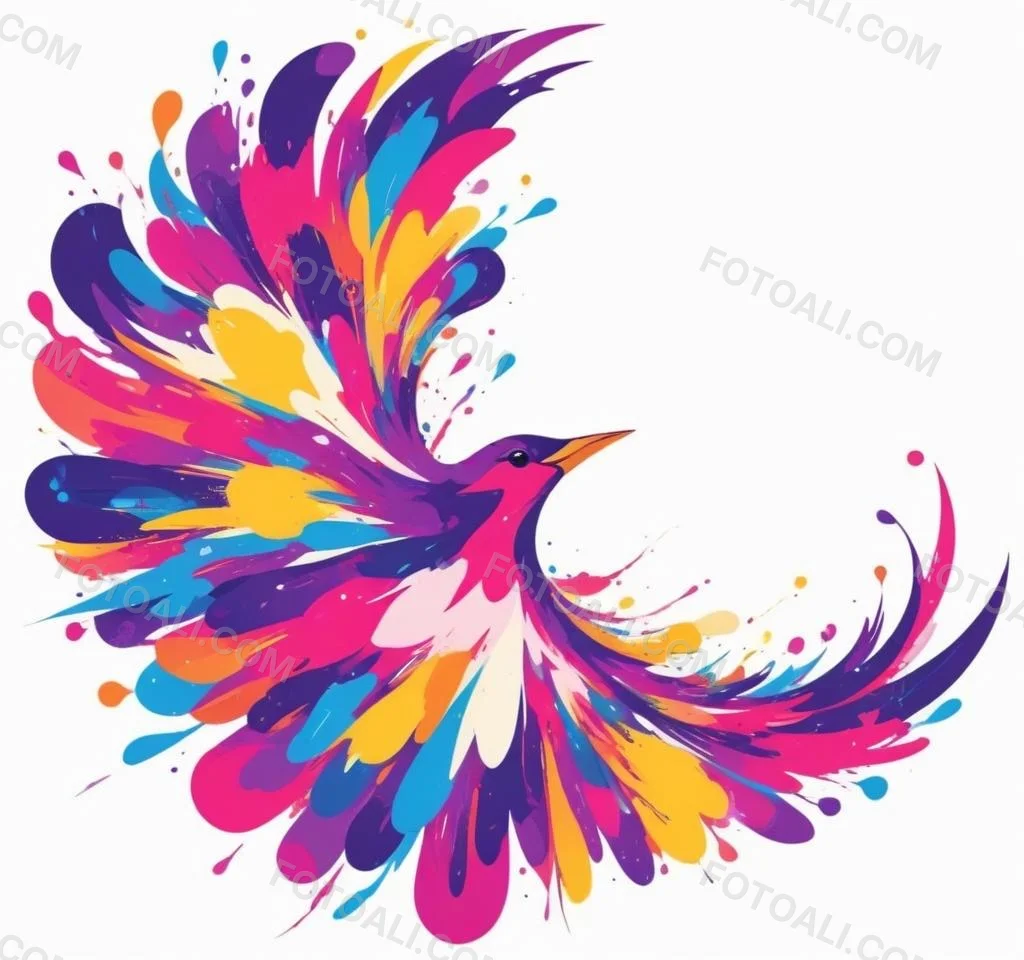 A Colorful Bird With Vibrant Feathers In Shades Of Purple Pink Orange And Yellow The Bird Has A Simple Stylized Design With Abstract Patterns And Shapes Forming Its Plumage The Background Is Plain White 99 5045