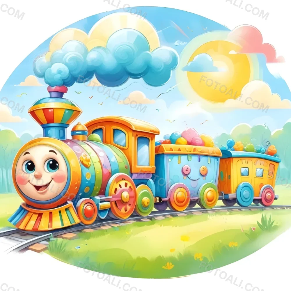 A Colorful Cartoon Train With A Smiling Face On The Front Traveling Through A Scenic Landscape With Mountains Flowers And A Vibrant Rainbow In The Sky 10 195d