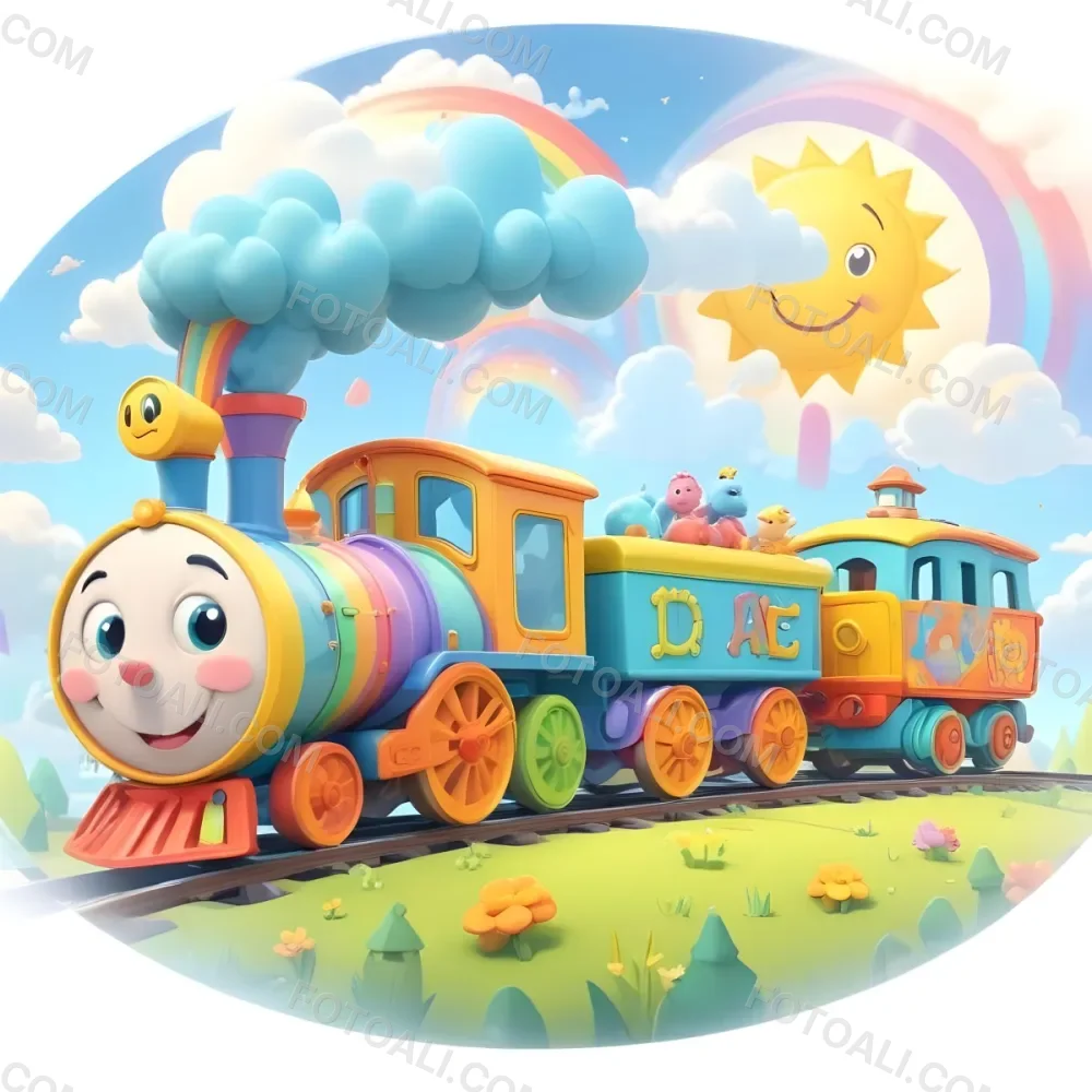 A Colorful Cartoon Train With A Smiling Face On The Front Traveling Through A Scenic Landscape With Mountains Flowers And A Vibrant Rainbow In The Sky 14 C4c5