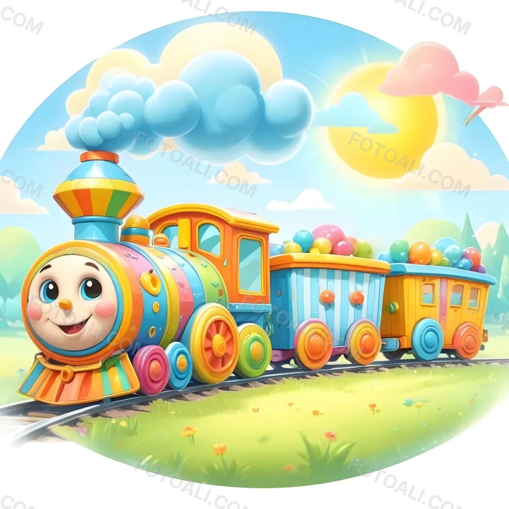 A Colorful Cartoon Train With A Smiling Face On The Front Traveling Through A Scenic Landscape With Mountains Flowers And A Vibrant Rainbow In The Sky 15 Ed4b