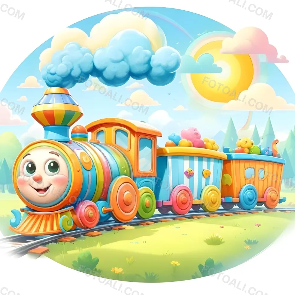 A Colorful Cartoon Train With A Smiling Face On The Front Traveling Through A Scenic Landscape With Mountains Flowers And A Vibrant Rainbow In The Sky 19 4d5c