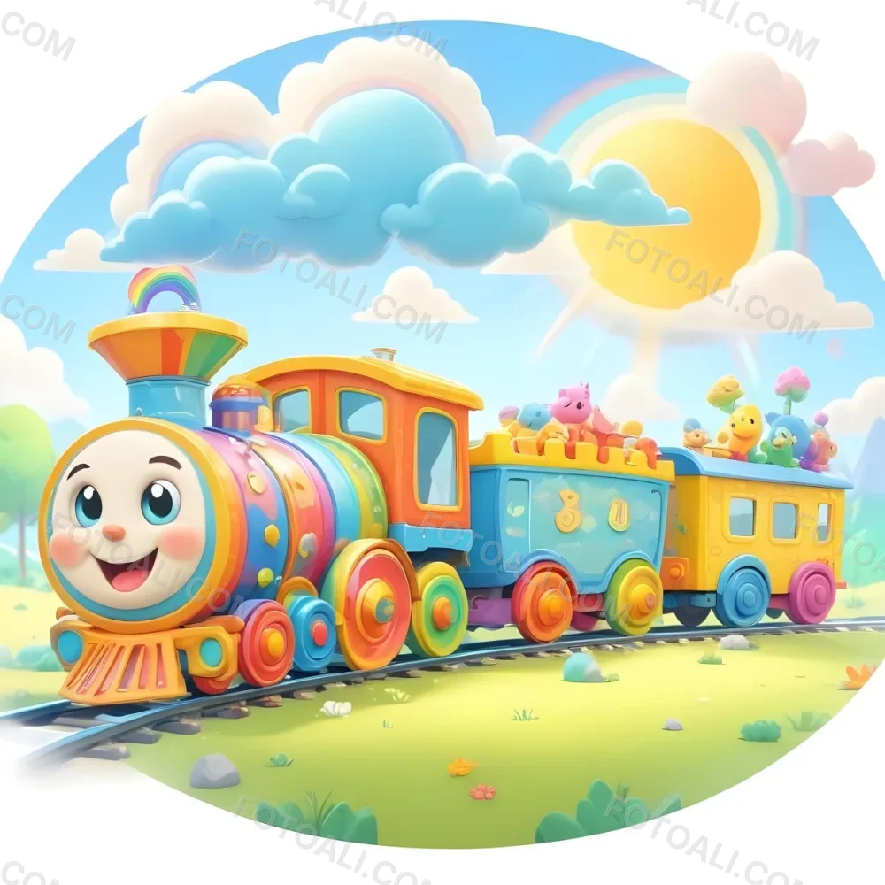 A Colorful Cartoon Train With A Smiling Face On The Front Traveling Through A Scenic Landscape With Mountains Flowers And A Vibrant Rainbow In The Sky 22 10e2